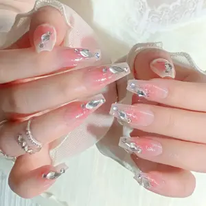 Soft Pink Blush Gradient Rhinestone Press On Nails Long Coffin