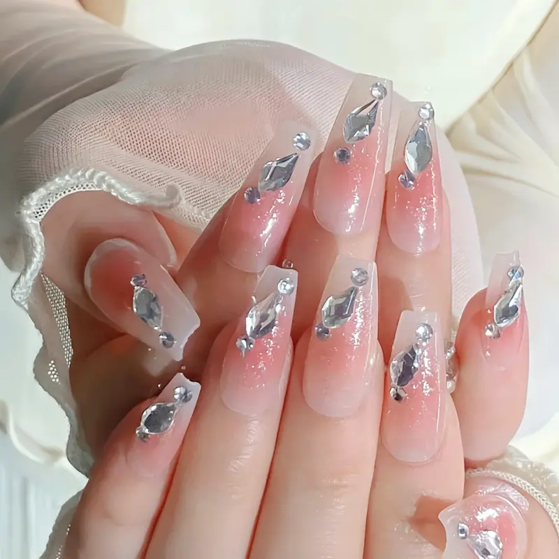 Glamorous Pink Blush Rhinestone Press On Nails For Daily & Dates