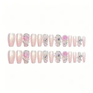 Complete Set Of Reusable Iridescent Pink Rose Press On Nails With Tools