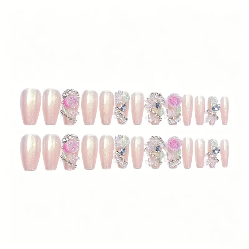 Complete Set Of Reusable Iridescent Pink Rose Press On Nails With Tools