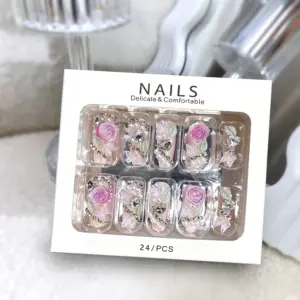 Romantic Bridal Iridescent Press On Nails With Pink Roses And Pearls
