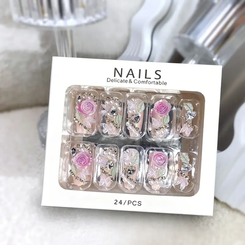 Romantic Bridal Iridescent Press On Nails With Pink Roses And Pearls