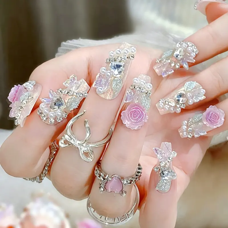 Sparkling Rhinestone And Butterfly Accents On Iridescent Press On Nails