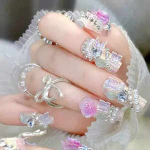 Iridescent Pink Rose Press On Nails With Pearls, Rhinestones And Butterflies