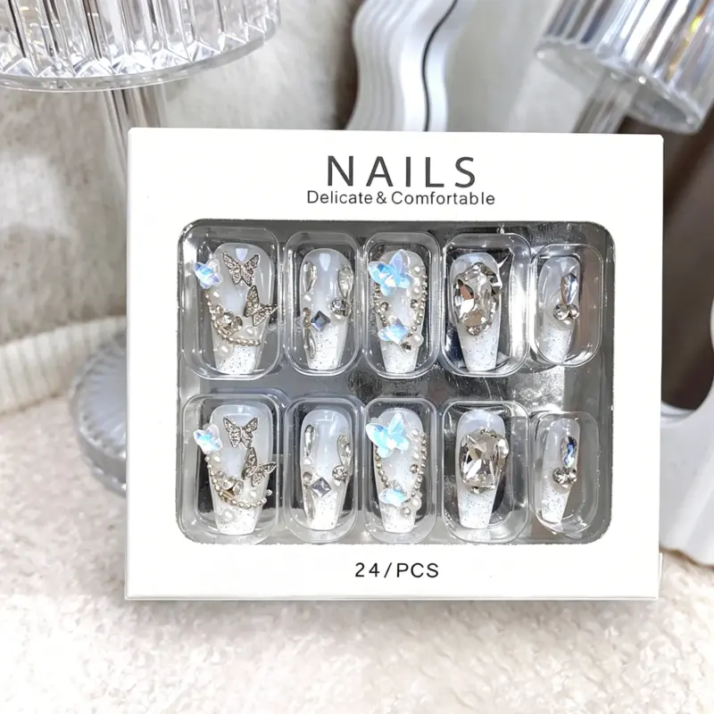 Versatile White Glitter Press On Nails For Weddings, Parties And Dates