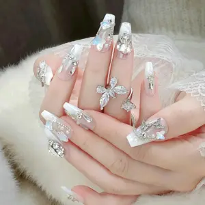 Elegant White Glitter Press On Nails With Rhinestones, Butterflies And Pearls