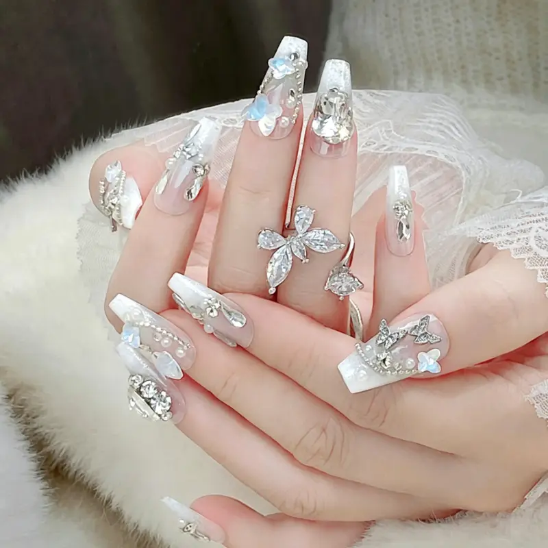Elegant White Glitter Press On Nails With Rhinestones, Butterflies And Pearls