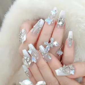 Glamorous Long Coffin White Glitter Press On Nails With Rhinestones