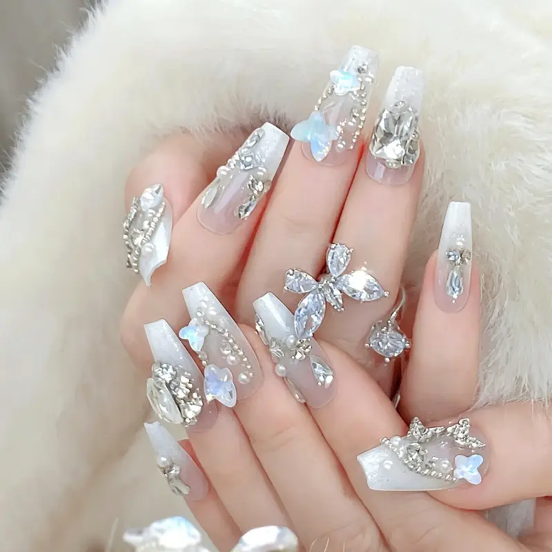 Glamorous Long Coffin White Glitter Press On Nails With Rhinestones