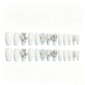 Complete Set Of Reusable White Glitter Press On Nails With Tools