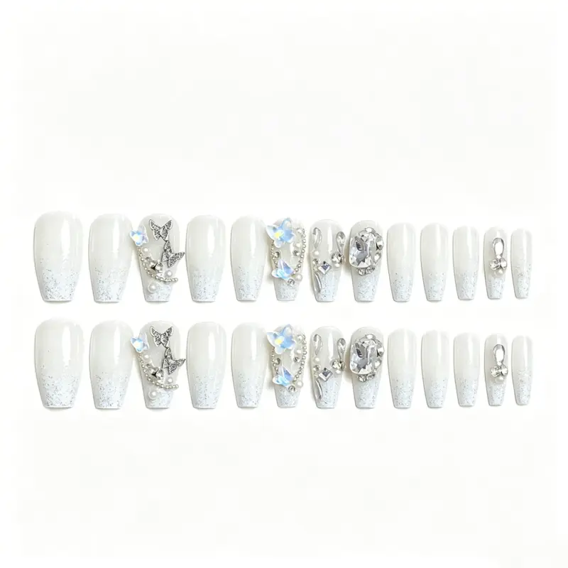 Complete Set Of Reusable White Glitter Press On Nails With Tools