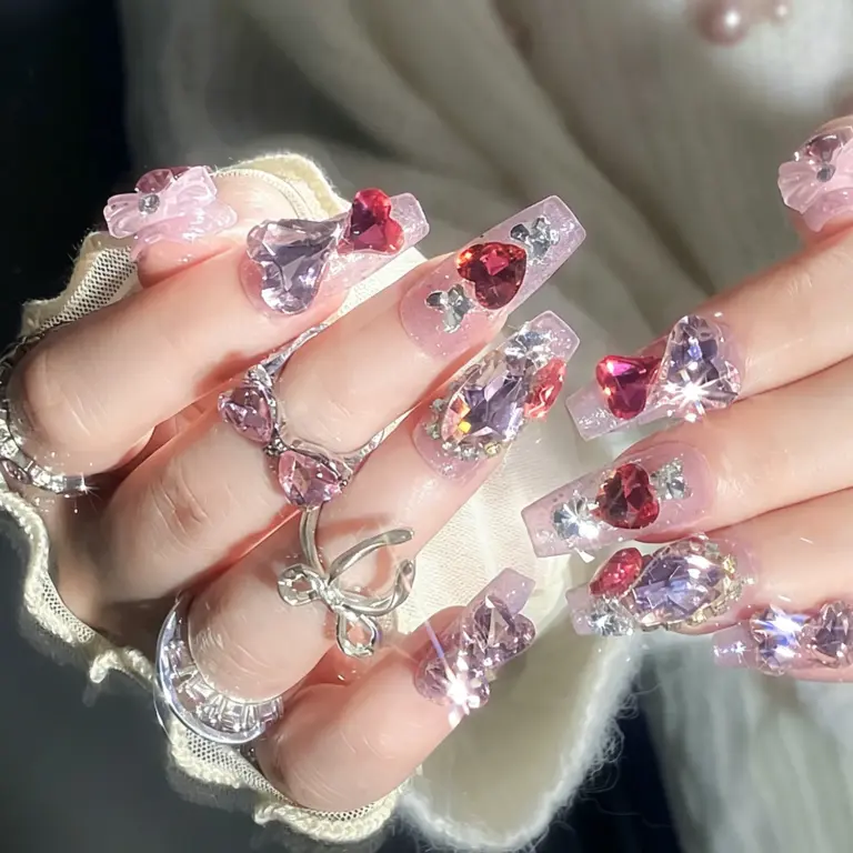 Close up of pink heart rhinestone press on nails on a hand