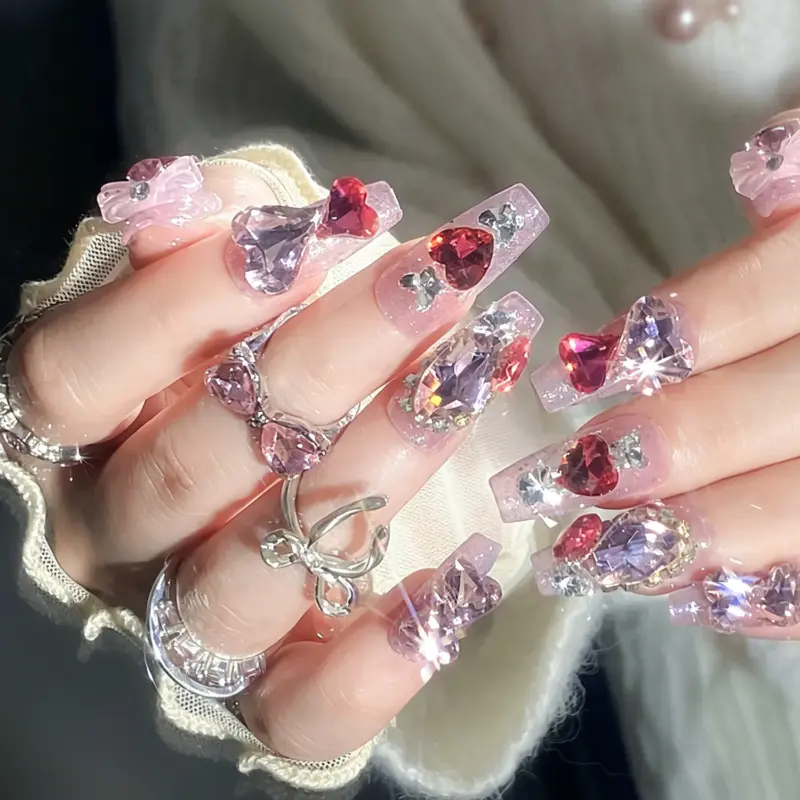 Glam Pink Glitter Press On Nails With Heart Rhinestones And 3D Bows