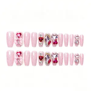 Complete Set Of Reusable Pink Heart Rhinestone Press On Nails With Tools