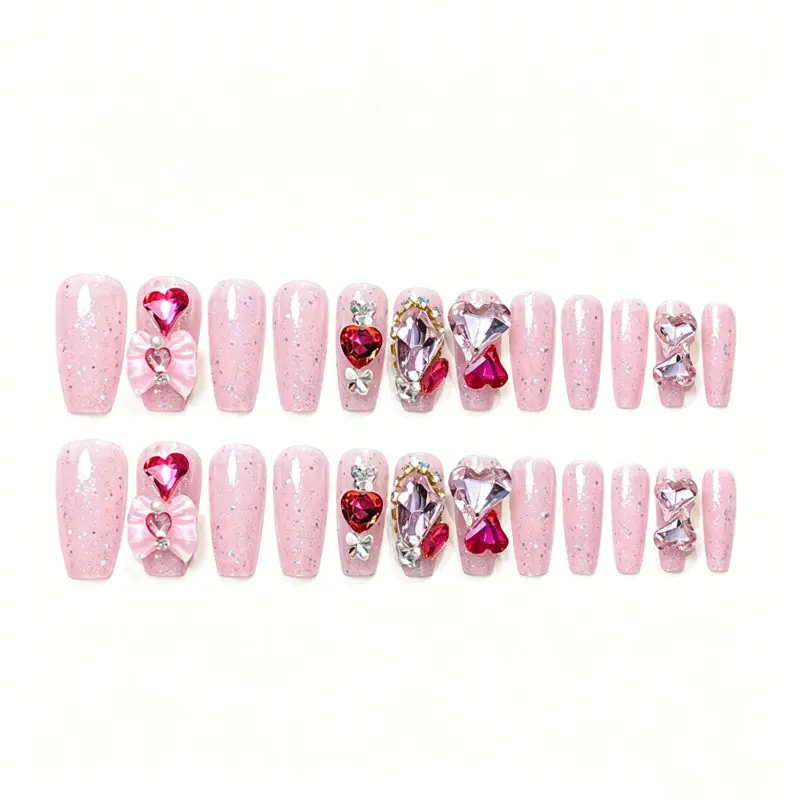 Complete Set Of Reusable Pink Heart Rhinestone Press On Nails With Tools