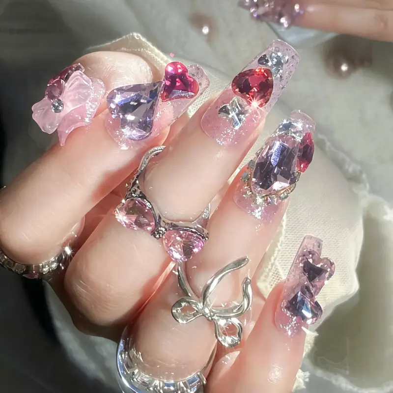 Sparkling Pink Glitter Press On Nails With Heart Rhinestones And Crystals