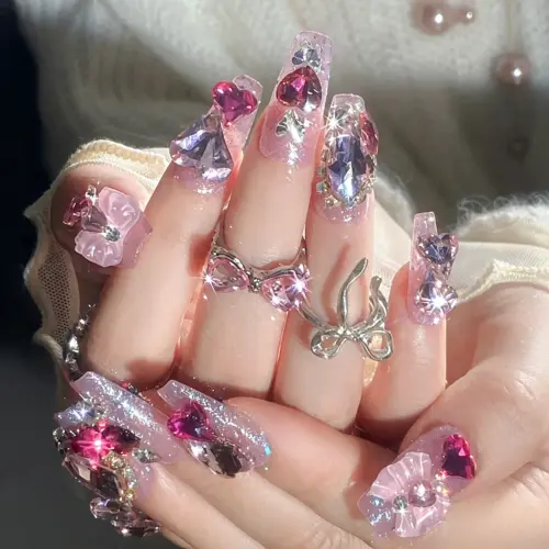 Delicate 3D Pink Bow Accents On Glam Pink Glitter Press On Nails