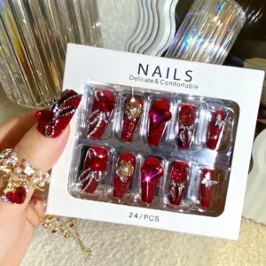 Bold Red Glitter Base Long Coffin Press On Nails With Rhinestones
