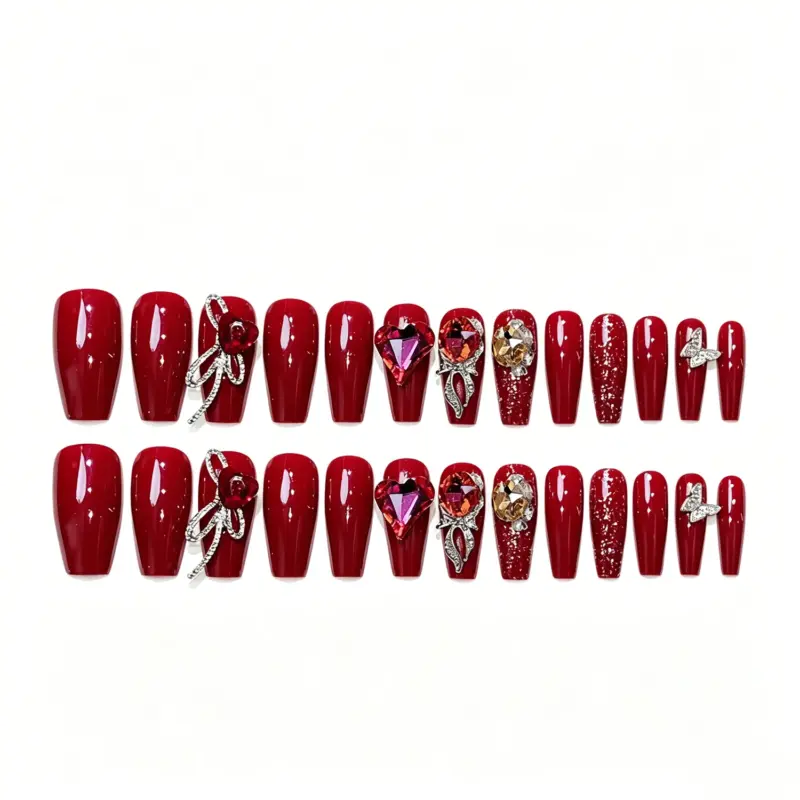 Red Glitter Press On Nails Styled With Gold Jewelry For A Luxe Look