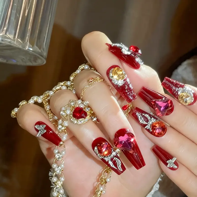 Glam Red Glitter Press On Nails With Rhinestones And Silver Butterflies