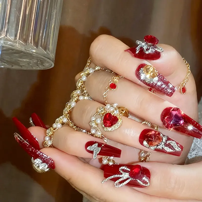 Delicate Silver Butterfly Accents On Glam Red Glitter Press On Nails