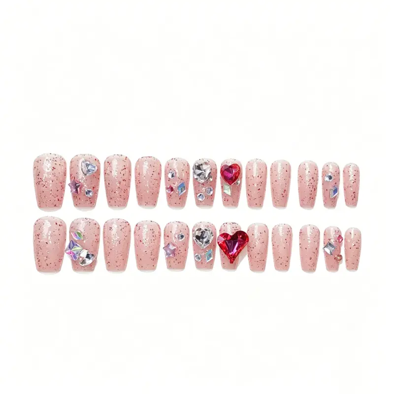 Pink Glitter Press On Nails Styled With Silver Jewelry For A Sweet Look