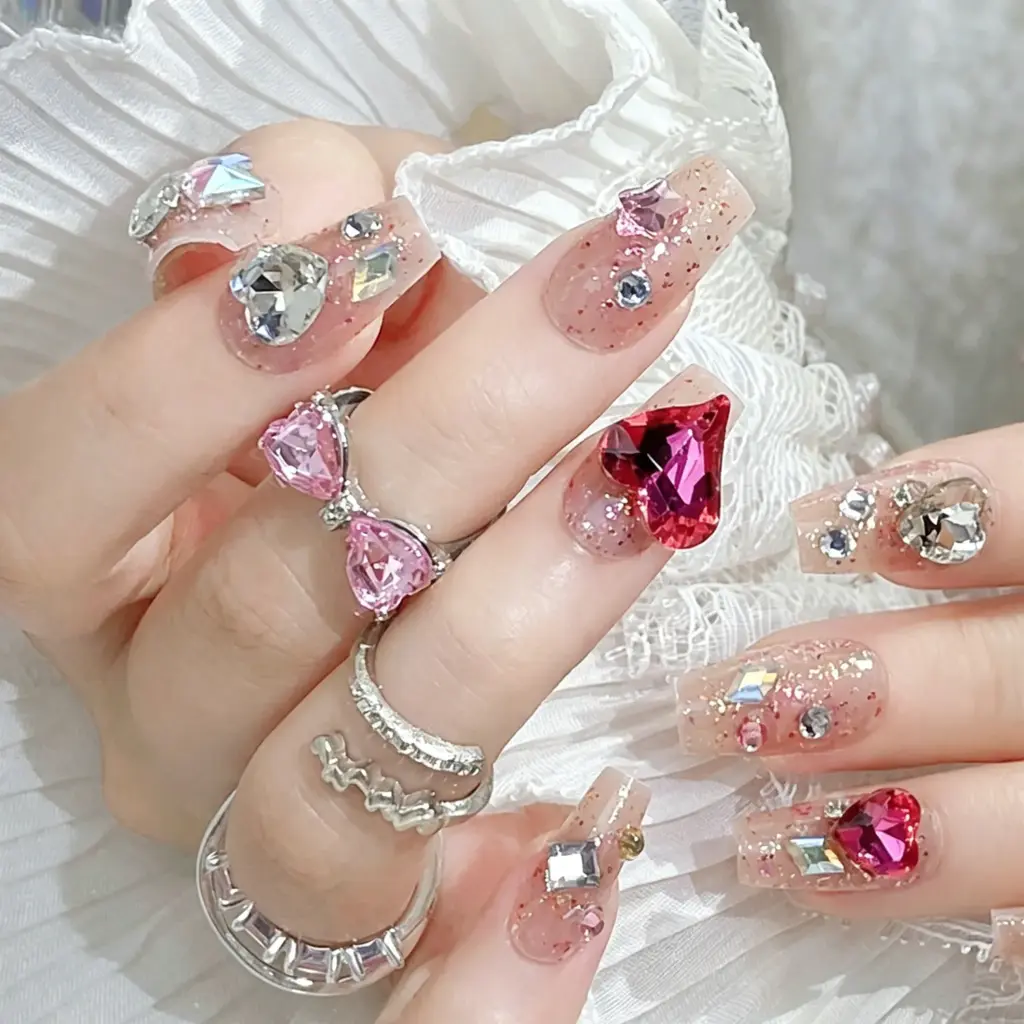 Pink Glitter Heart Rhinestone Press On Nails Long Coffin False Nails