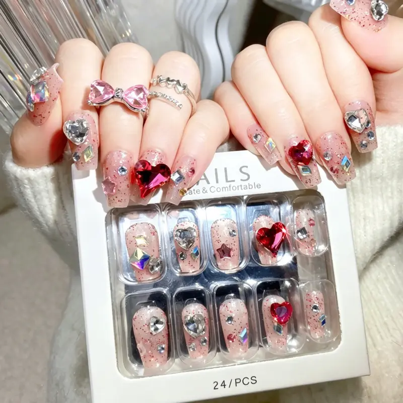 Long Coffin Pink Glitter Press On Nails With Fine Glitter Base