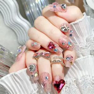 Multi Shaped Rhinestone Details On Soft Pink Glitter Press On Nails