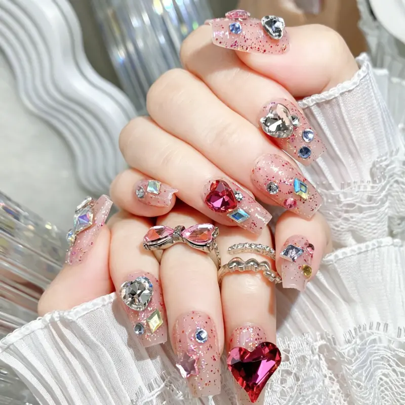 Multi Shaped Rhinestone Details On Soft Pink Glitter Press On Nails