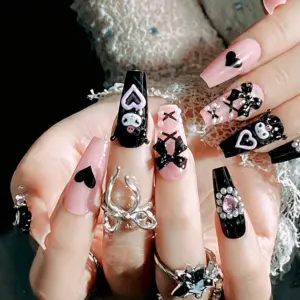 Stylish Pink Black Press On Nails With Pearls And Heart Motifs