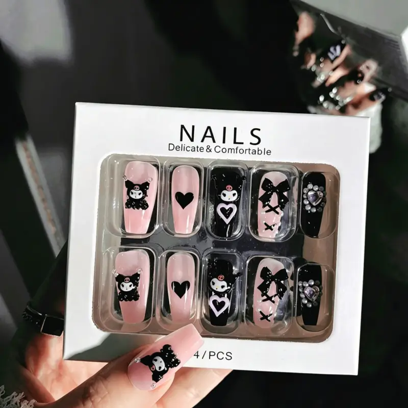 Complete Set Of Reusable Pink Black Press On Nails With Application Tools