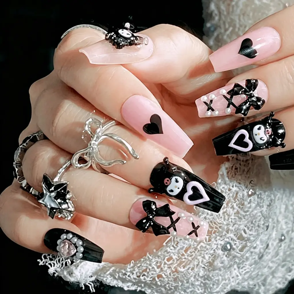 Pink Black Cute Cartoon Press On Nails Long Coffin With Bows & Hearts