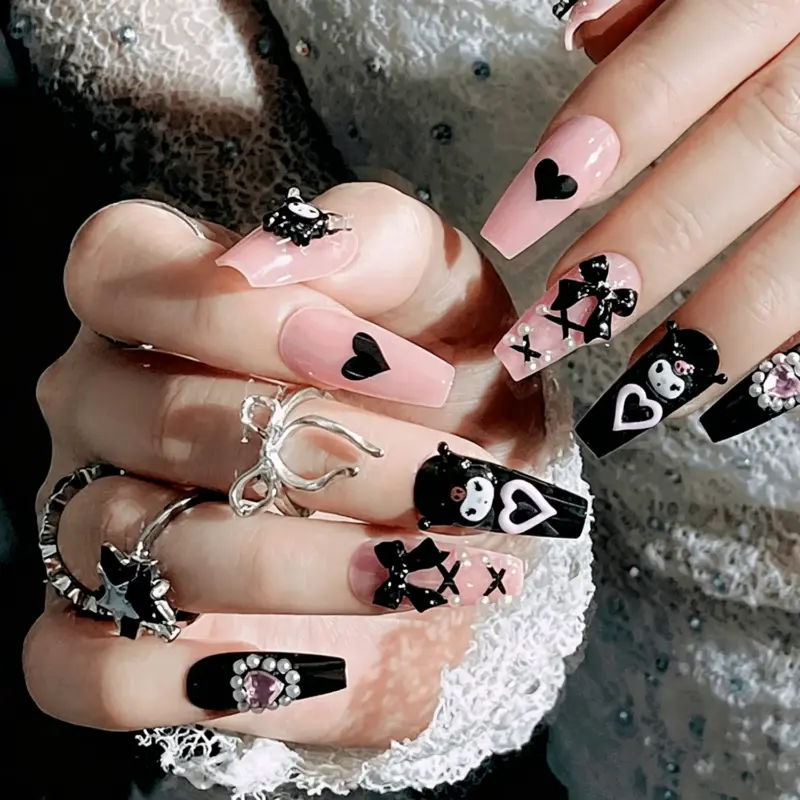 Glossy Black Bows And Heart Motifs On Pink Press On Nails