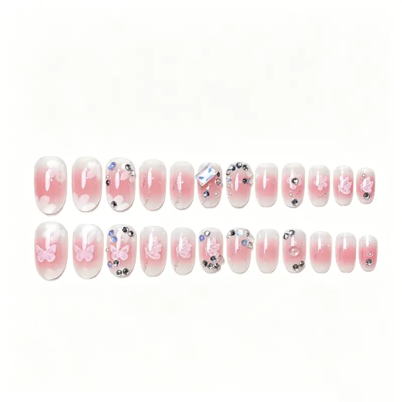 Luxury Blush Pink Press On Nails with 3D Butterflies and Square Crystal