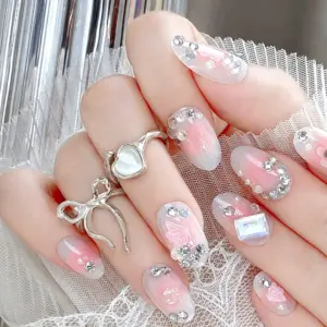 Romantic Blush Pink Gradient Press On Nails with 3D Butterfly Accents