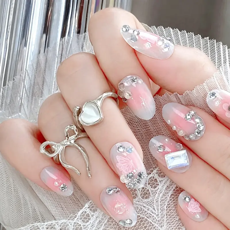 Romantic Blush Pink Gradient Press On Nails with 3D Butterfly Accents