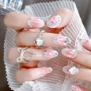 Sparkling Rhinestone Blush Pink Press On Nails with 3D Butterfly Art