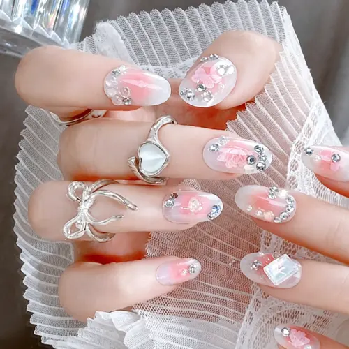 Sparkling Rhinestone Blush Pink Press On Nails with 3D Butterfly Art