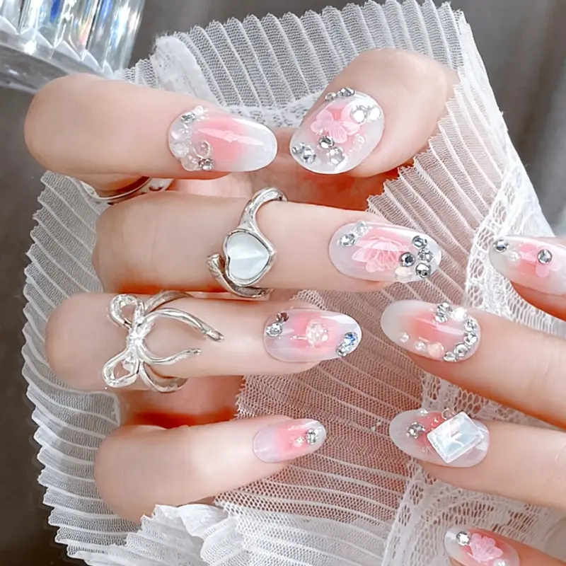 Sparkling Rhinestone Blush Pink Press On Nails with 3D Butterfly Art