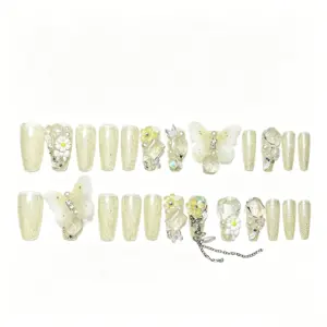 Champagne Glitter Base Press On Nails With Spring Floral And Butterfly Accents