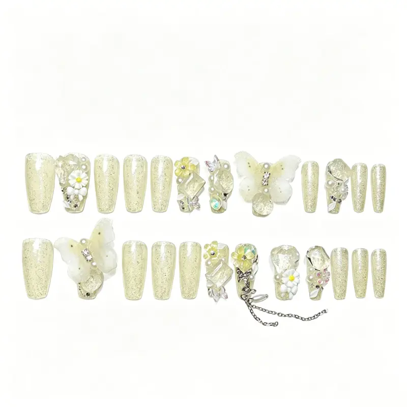 Champagne Glitter Base Press On Nails With Spring Floral And Butterfly Accents