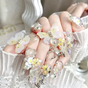 Detailed View Of 3D Translucent Butterflies On Champagne Press On Nails