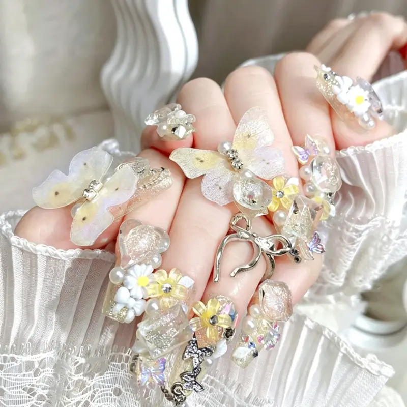 Detailed View Of 3D Translucent Butterflies On Champagne Press On Nails