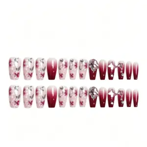 Burgundy Nude Press On Nails Styled With Silver Bow Ring