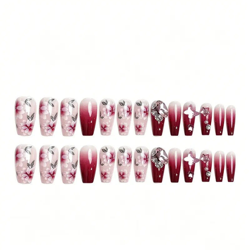 Burgundy Nude Press On Nails Styled With Silver Bow Ring