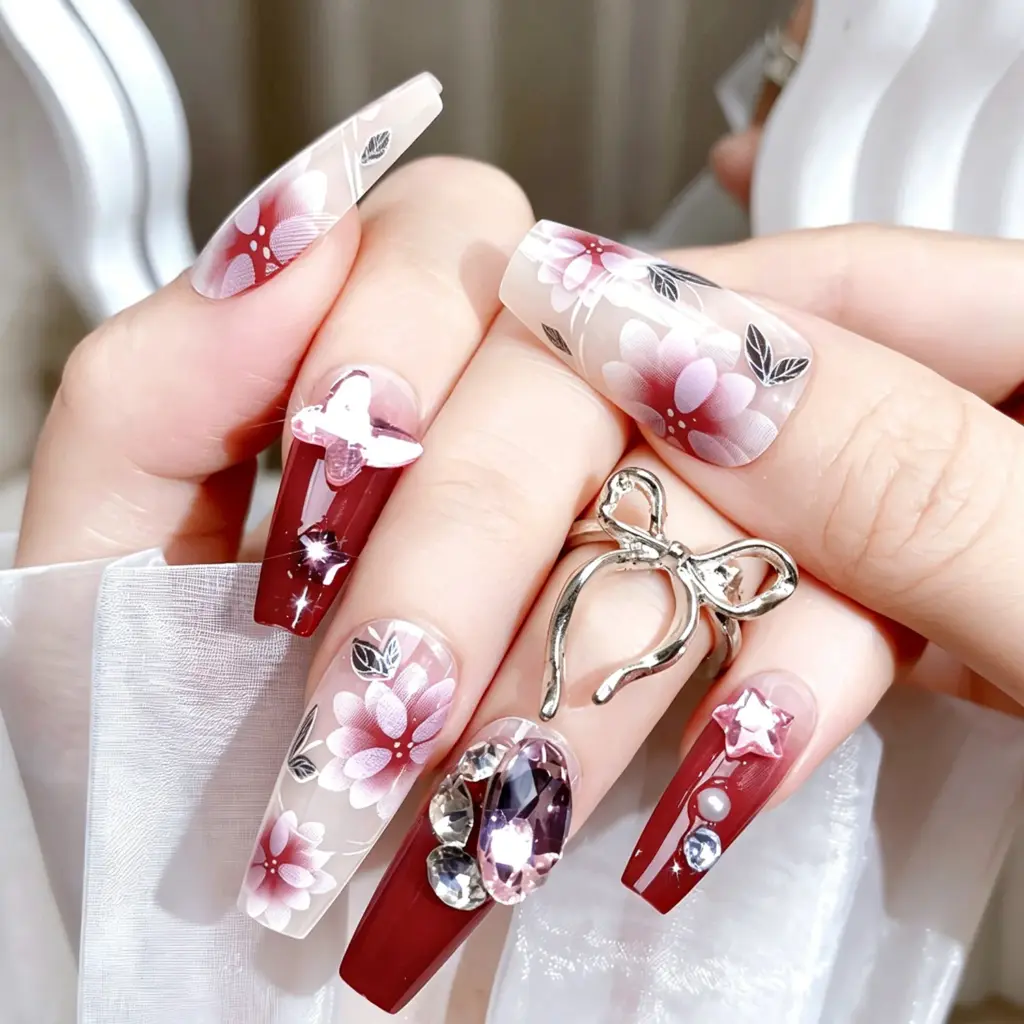 Burgundy Nude Flower Press On Nails Long Coffin With Rhinestones & Butterflies