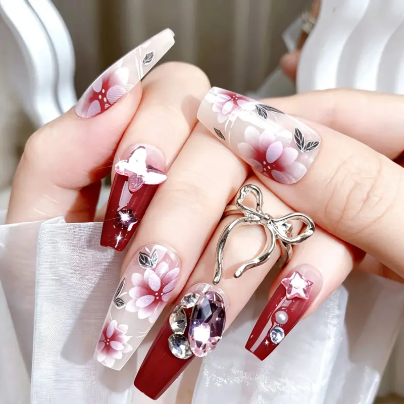 Elegant Burgundy Nude Press On Nails With Flowers And Rhinestones