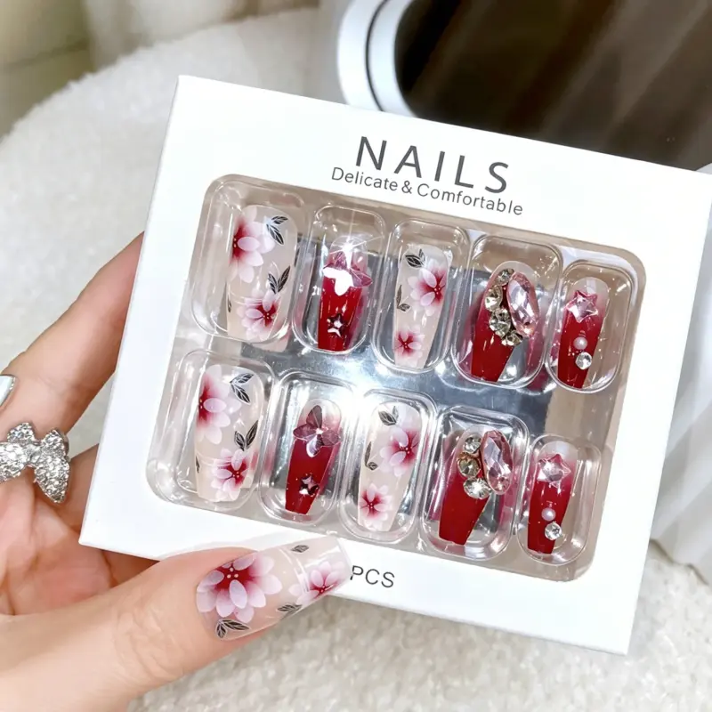 Two Tone Burgundy And Nude Long Coffin Press On Nails