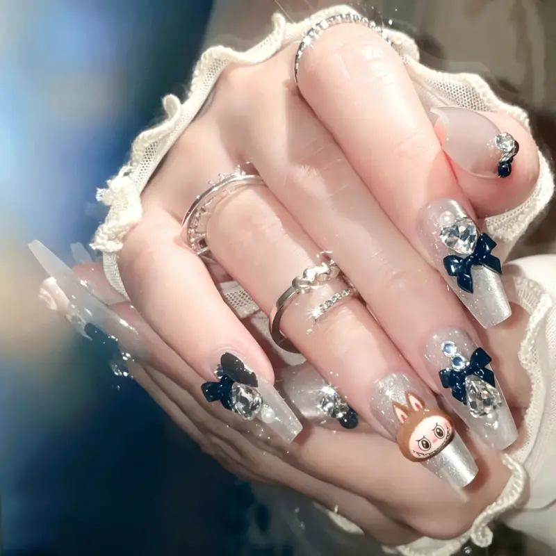 Stylish Silver Glitter Press On Nails With Cartoon Bunnies And Bows